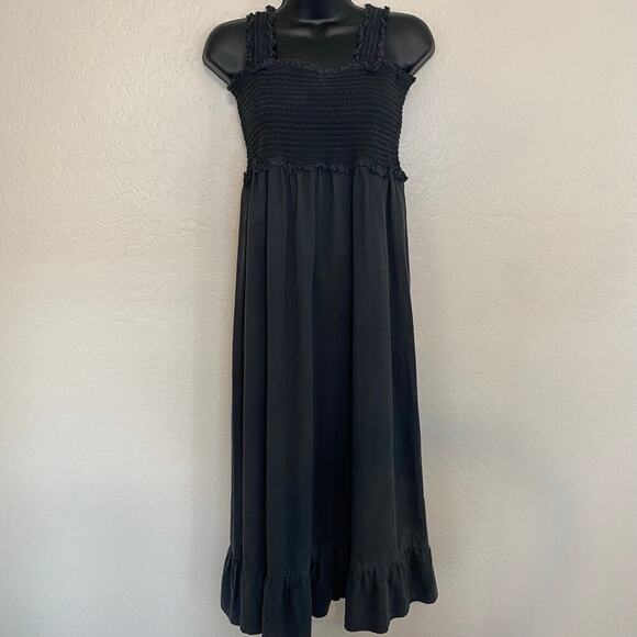 Rails Rumi Smocked Midi Dress Womens Size XL Black Ruffle Hem Cotton Tencel - Picture 2 of 8